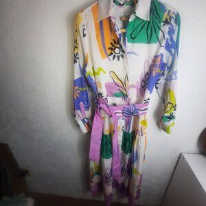 NWT Chicos Size 0 Silk Blend Modern Print Collared Shirt Dress Retro Pattern NEW